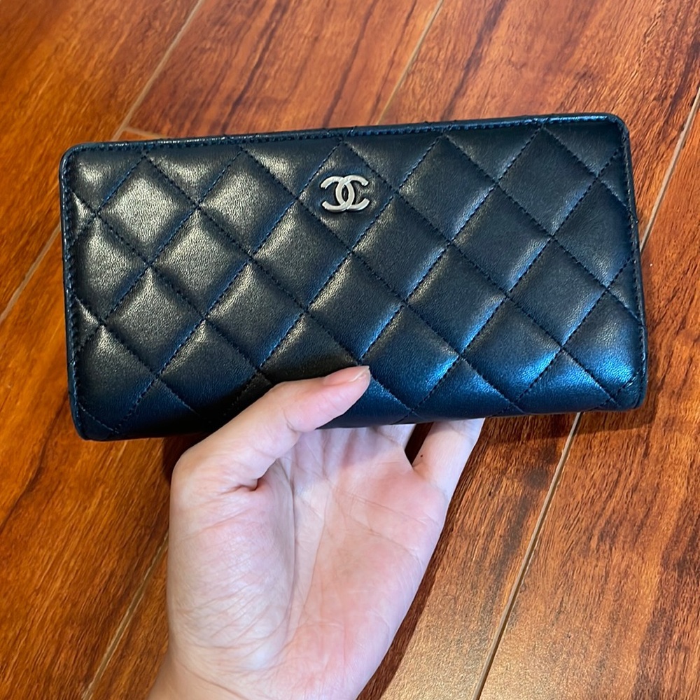 Chanel long flap quilted black lamb skin wallet